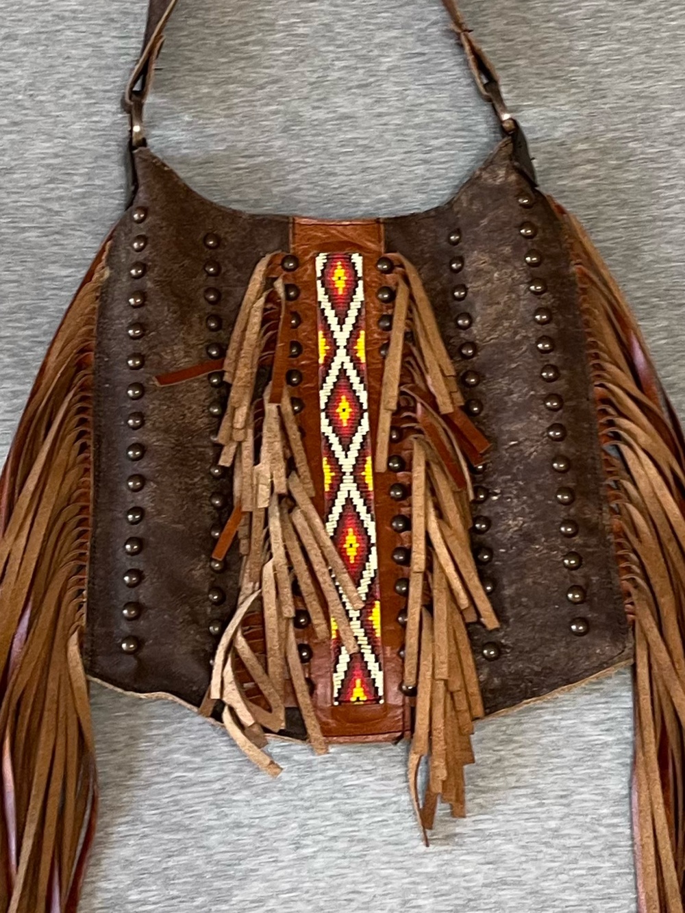 KurtMen Genuine Leather Fringe Bag Western Boho Crossbody Purse Studded Tribal